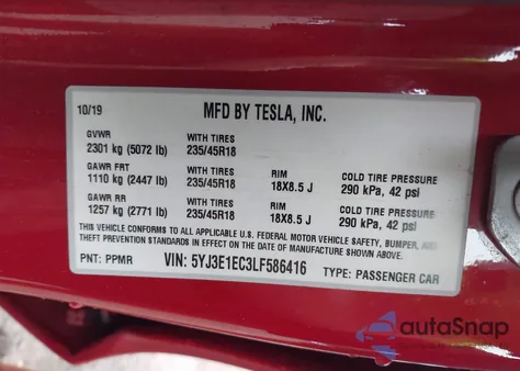 2020 Tesla Model 3 Performance Dual Motor All-Wheel Drive z USA, uszkodzony, nr VIN 5YJ3E1EC3LF586416